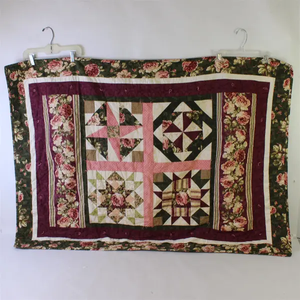 Handmade Pink Green and White Rose Pattern Quilt 38" x 53"