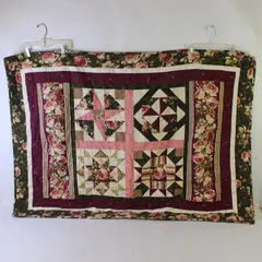 Handmade Pink Green and White Rose Pattern Quilt 38" x 53"