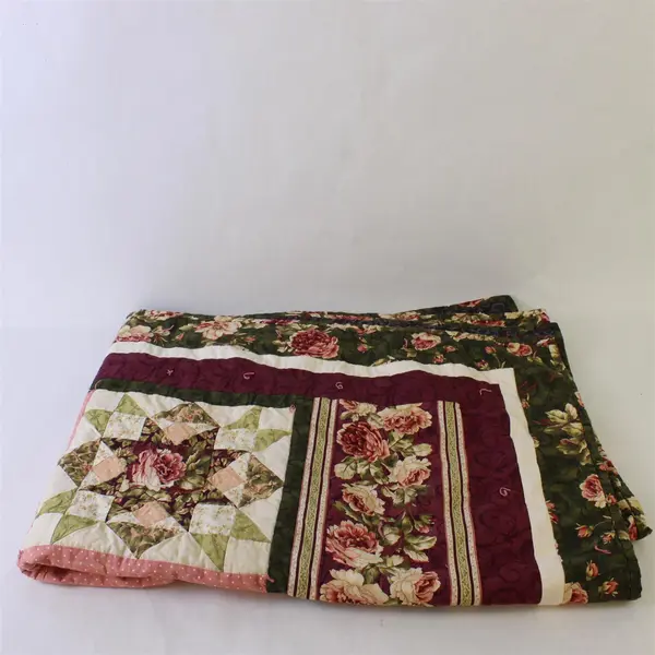 Handmade Pink Green and White Rose Pattern Quilt 38" x 53"