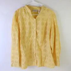 Alfred Dunner Semi-Sheer Floral Design Butter Yellow Button-Up Women's Size 16