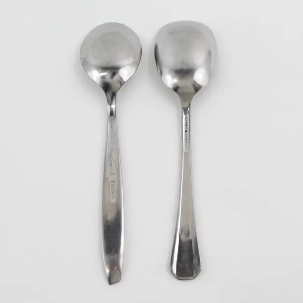 Lot of 2 Teaspoons 1 Wallco 1 Crestmark Stainless Steel Unknown Unique Patterns