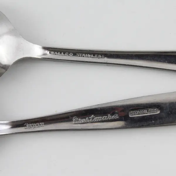 Lot of 2 Teaspoons 1 Wallco 1 Crestmark Stainless Steel Unknown Unique Patterns