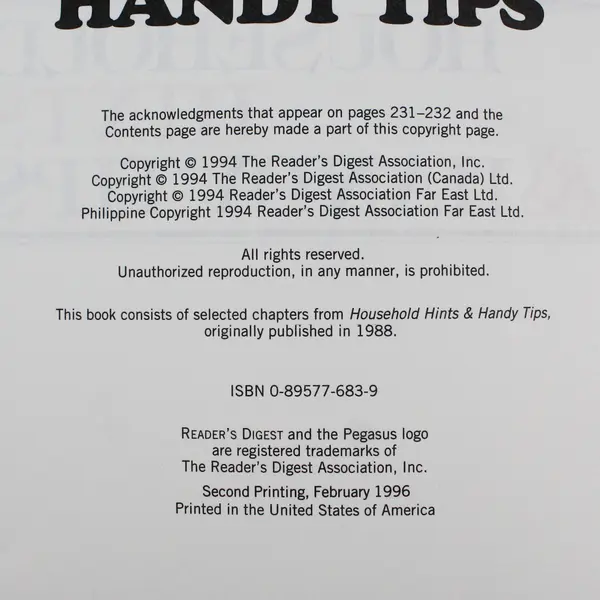 Selections from Reader's Digest Household Hints & Handy Tips 2nd Prtg 1996 PB