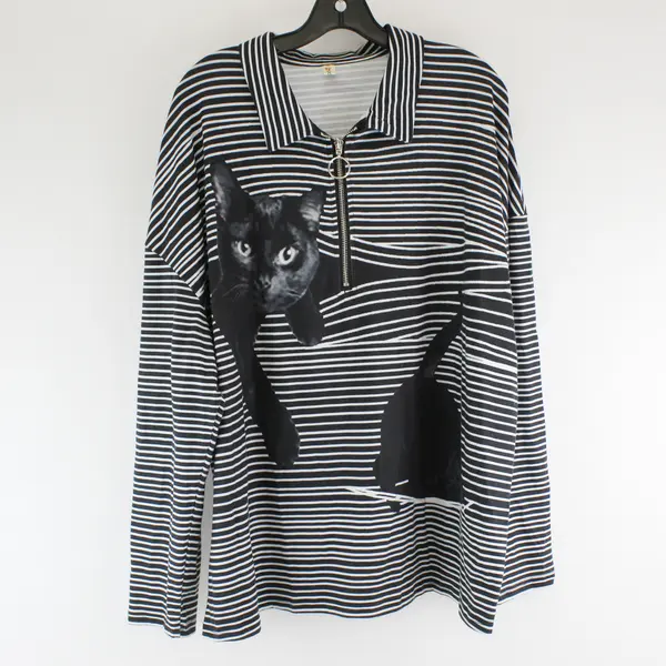 OrderPlus Womens 3XL Black White Striped Cat Graphic 1/4 Zip Top
