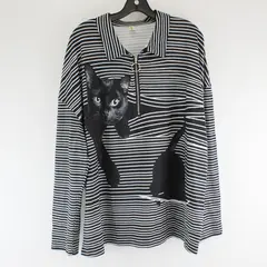 OrderPlus Womens 3XL Black White Striped Cat Graphic 1/4 Zip Top