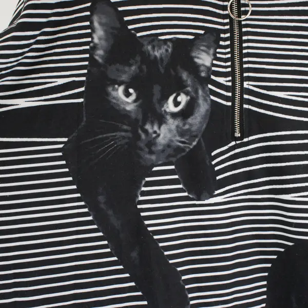OrderPlus Womens 3XL Black White Striped Cat Graphic 1/4 Zip Top
