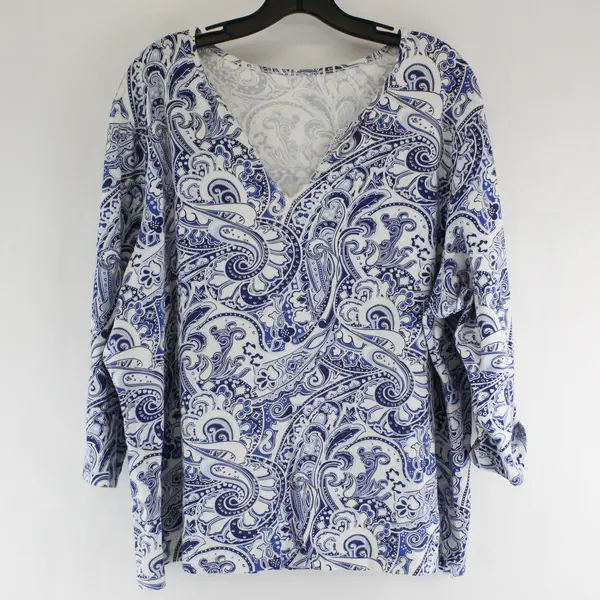 QVC Blue and White Paisley 3/4-Sleeve V-Neck Top Women's 1X