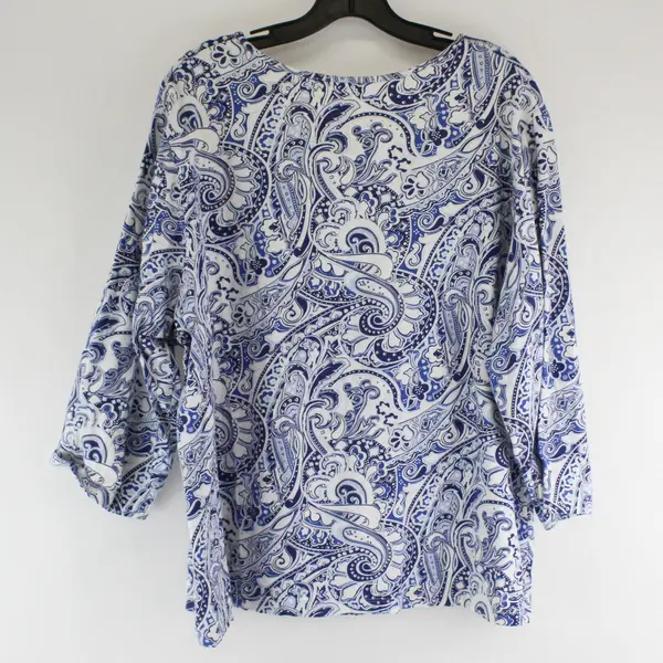 QVC Blue and White Paisley 3/4-Sleeve V-Neck Top Women's 1X