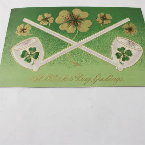 Vintage St. Patrick's Day Clover Greetings Crossed Pipes Embossed Postcard
