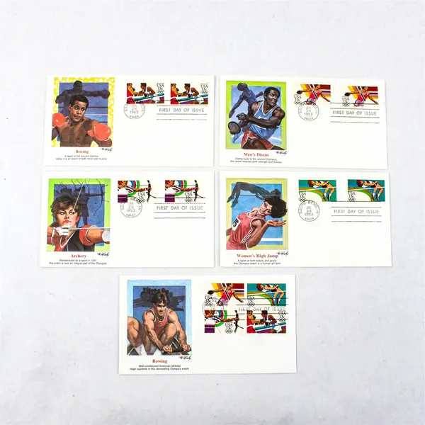 Lot of 5 1983 Olympics Fleetwood FDC Boxing Discus Archery Rowing High Jump
