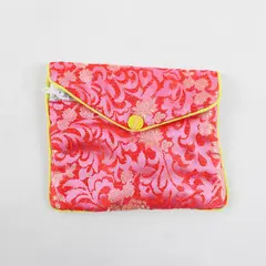 Red Chinese Brocade Floral Zipper Coin Purse Vintage Pouch