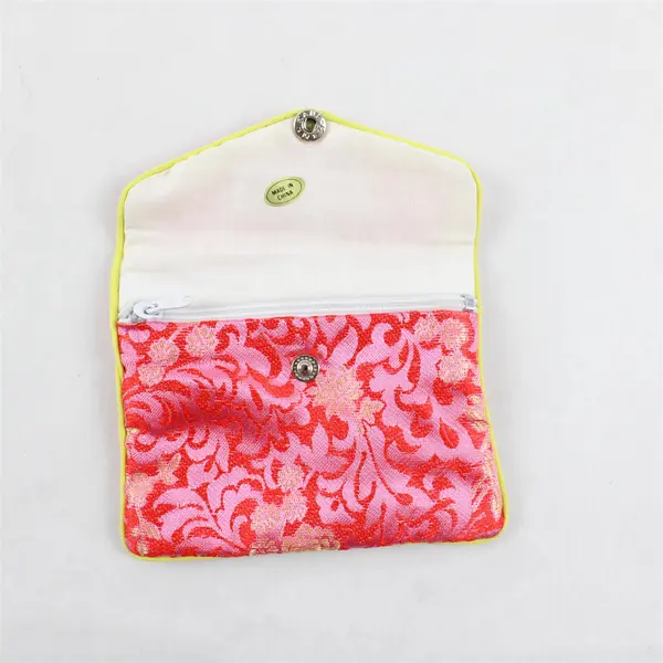 Red Chinese Brocade Floral Zipper Coin Purse Vintage Pouch