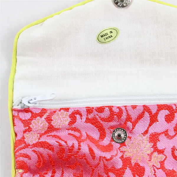 Red Chinese Brocade Floral Zipper Coin Purse Vintage Pouch