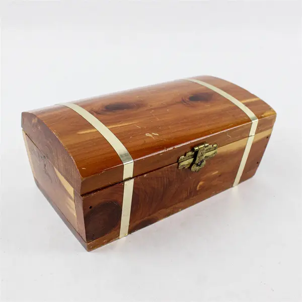 Vintage 70s Mini Wooden Treasure Chest Trinket Box Brass Accents Clasp