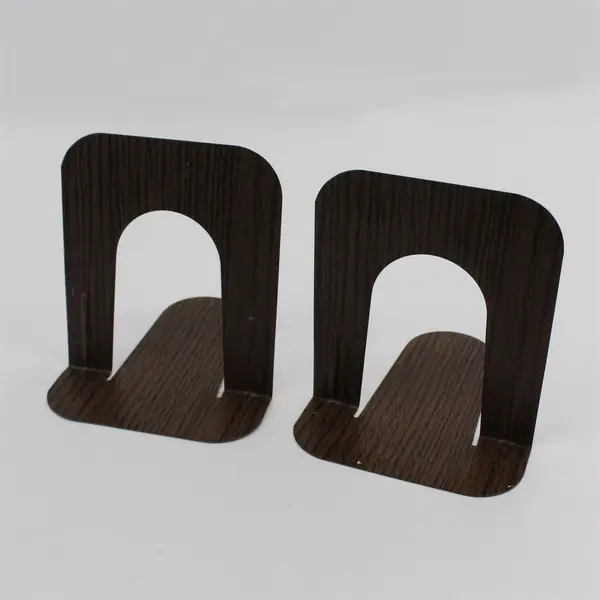 Set of 2 Vintage Brown Woodgrain Metal Bookends 5-1/4" Office Organization