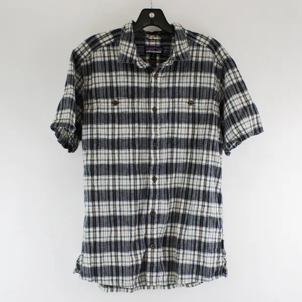 Patagonia Blue and Brown Short-Sleeved Button-Up Men's Medium