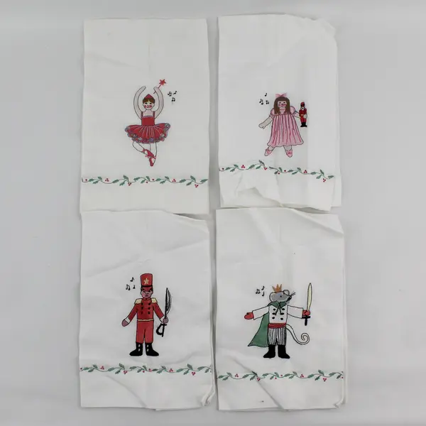 Set of 4 Peking Nutcracker Ballet Embroidered Tea Towels FLAWED