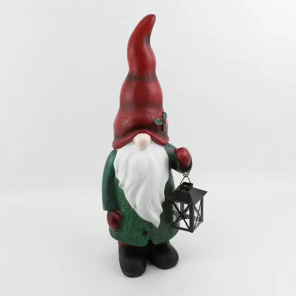 22" Resin Garden Gnome Holding a Lantern With Red Cap Green coat