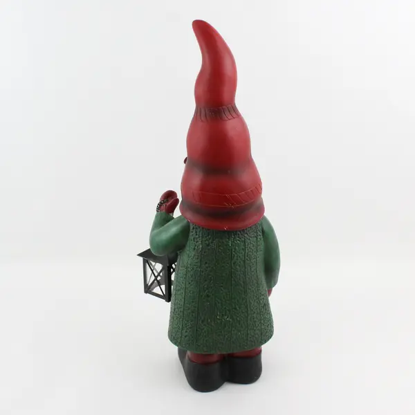 22" Resin Garden Gnome Holding a Lantern With Red Cap Green coat