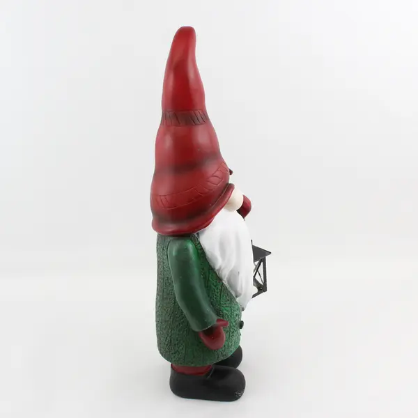 22" Resin Garden Gnome Holding a Lantern With Red Cap Green coat
