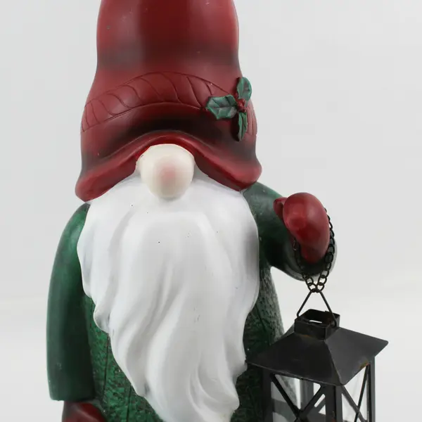 22" Resin Garden Gnome Holding a Lantern With Red Cap Green coat