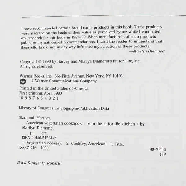 American Vegetarian Cookbook from the Fit for Life Kitchen by Marilyn Diamond