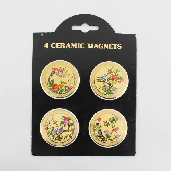 Set of 4 Round Ceramic Refrigerator Magnets Bird Flower NIP Unbranded