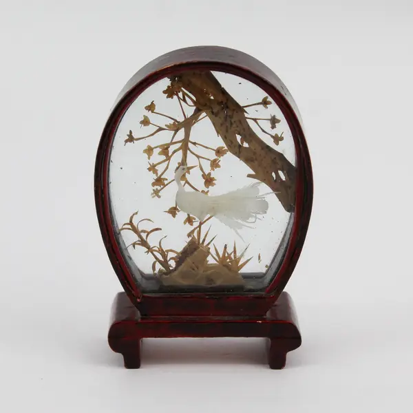Small Framed Chinese Cork Diorama White Crane And Tree Scene