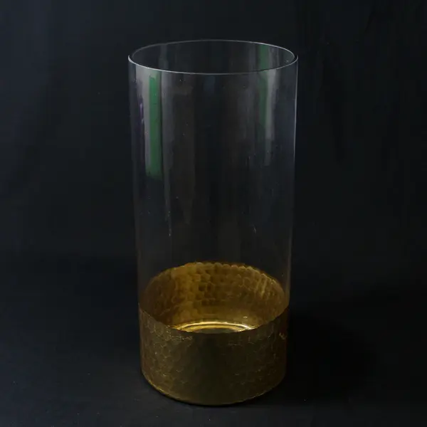 Large Clear Cylinder Glass FTD Vase With Gold Honey Comb Base 12"