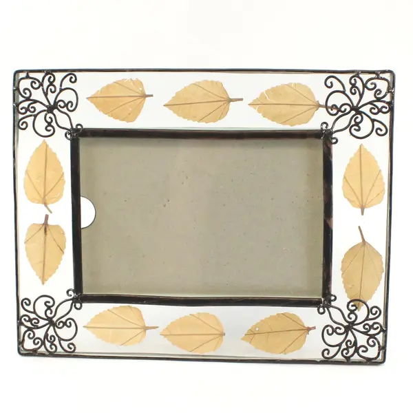 Black Metal & Glass Photo Frame Leaf Swirl Decorative 9.5x7.25
