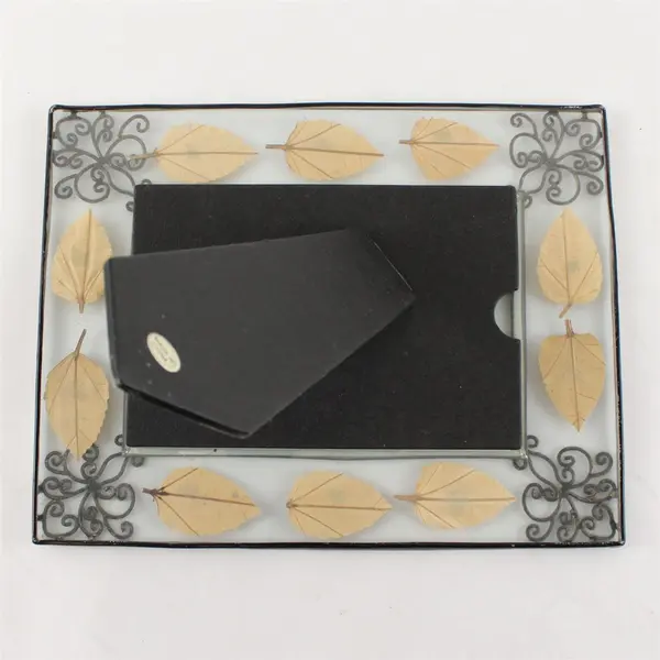 Black Metal & Glass Photo Frame Leaf Swirl Decorative 9.5x7.25