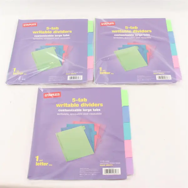 Lot of 3 Staples 5-Tab Writable Dividers, Letter Size, Colorful