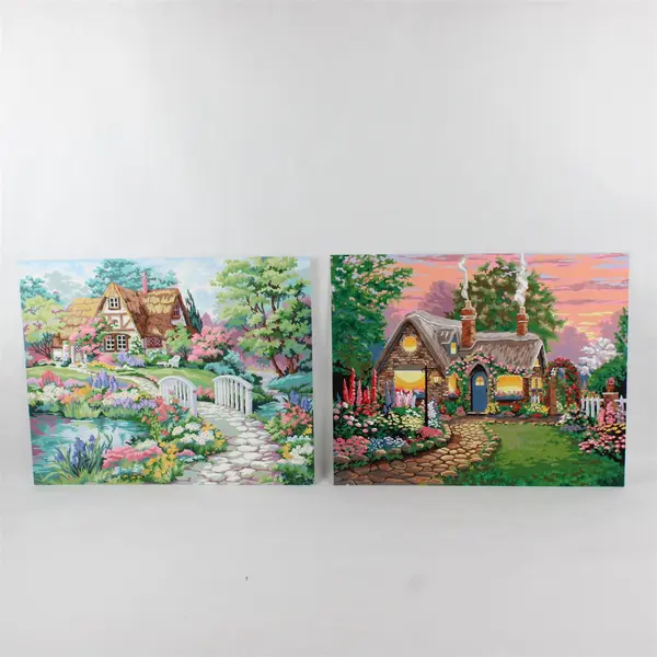 Lot of 2 Hand-Painted Paint-by-Number Canvases Twilight Cottage Garden