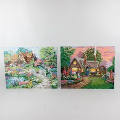 Lot of 2 Hand-Painted Paint-by-Number Canvases Twilight Cottage Garden