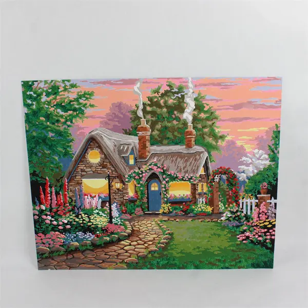 Lot of 2 Hand-Painted Paint-by-Number Canvases Twilight Cottage Garden