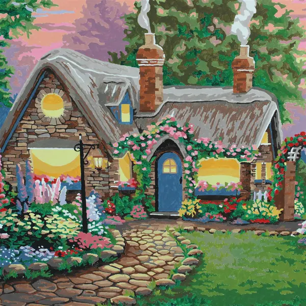 Lot of 2 Hand-Painted Paint-by-Number Canvases Twilight Cottage Garden