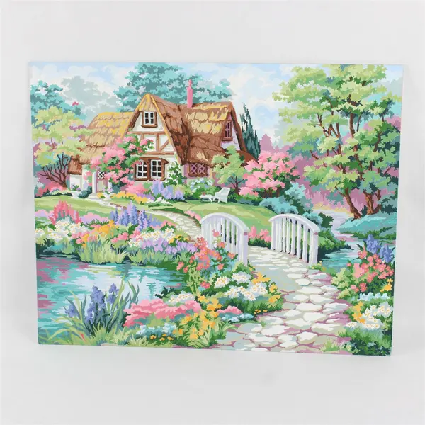 Lot of 2 Hand-Painted Paint-by-Number Canvases Twilight Cottage Garden