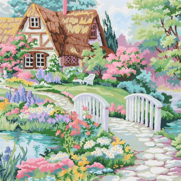 Lot of 2 Hand-Painted Paint-by-Number Canvases Twilight Cottage Garden