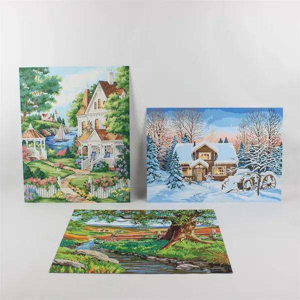 Lot of 3 Hand Painted Paint by Number Paintings 16x20 Rustic Fence Cabin