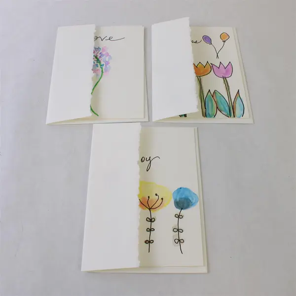 Lot of 3 Hand-Painted Floral Watercolor Blank Notecards with Envelopes