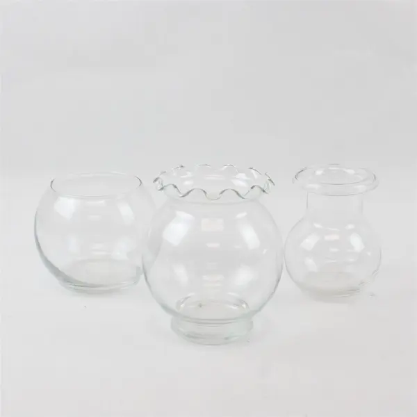 Lot of 3 Small Round Clear Glass Vases Various Styles 4" to 5"