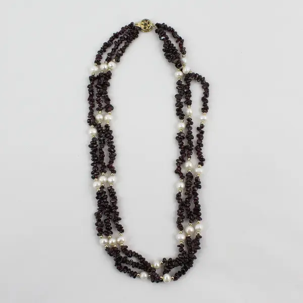 Garnet Chips And Pearls 3 Strand Necklace 19" 