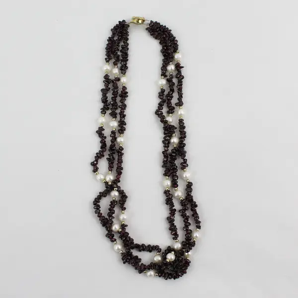 Garnet Chips And Pearls 3 Strand Necklace 19" 