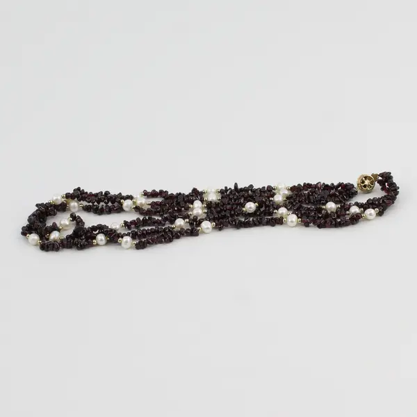 Garnet Chips And Pearls 3 Strand Necklace 19" 