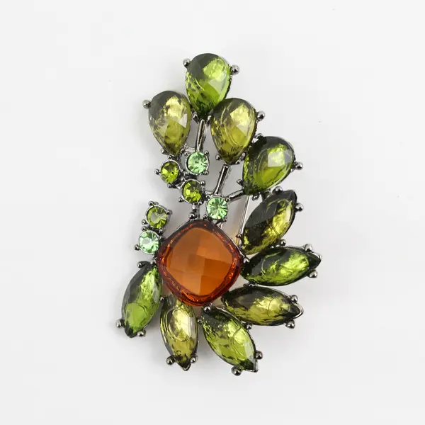  Green And Amber Leaf Pattern  Rhinestone Brooch