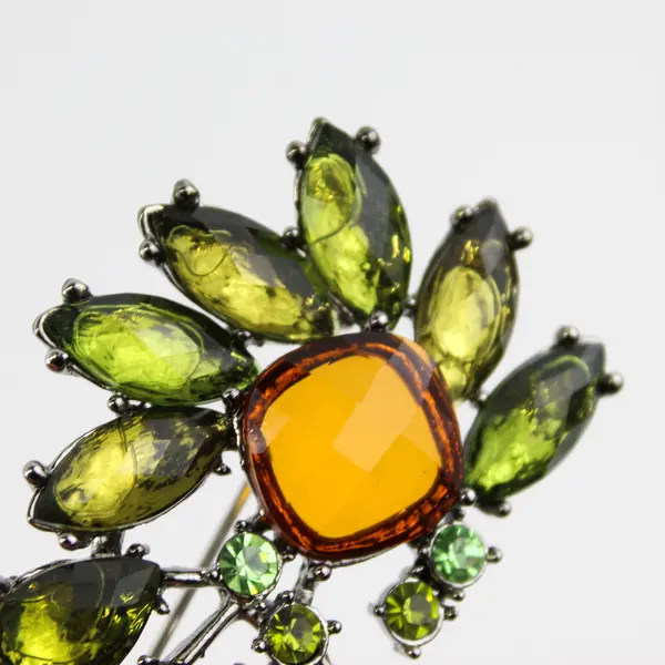  Green And Amber Leaf Pattern  Rhinestone Brooch