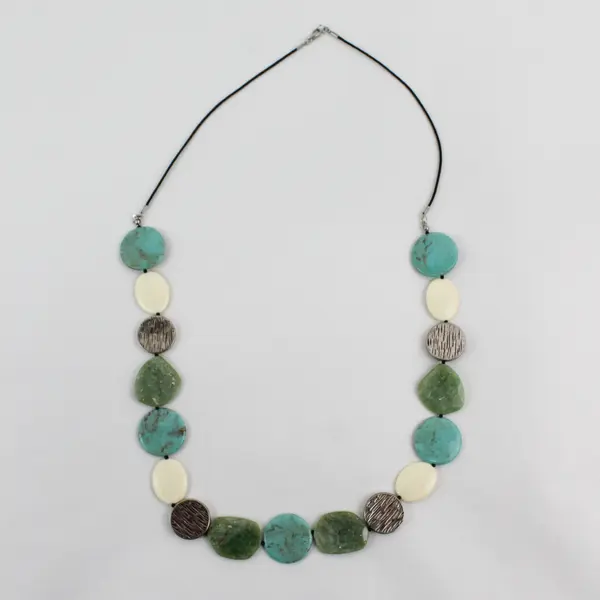 36in Chunky Boho Beaded Statement Necklace Turquoise Green White Discs