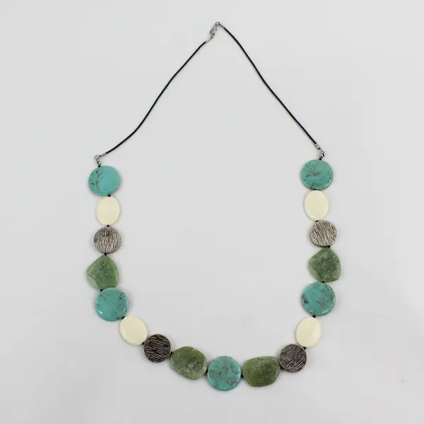 36in Chunky Boho Beaded Statement Necklace Turquoise Green White Discs
