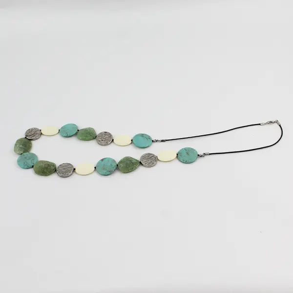 36in Chunky Boho Beaded Statement Necklace Turquoise Green White Discs