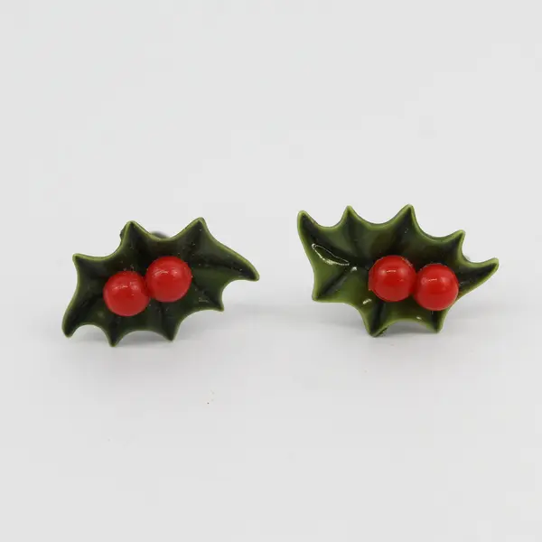 3 Piece Set Holly Berry Christmas Screw-Back Earrings and Brooch